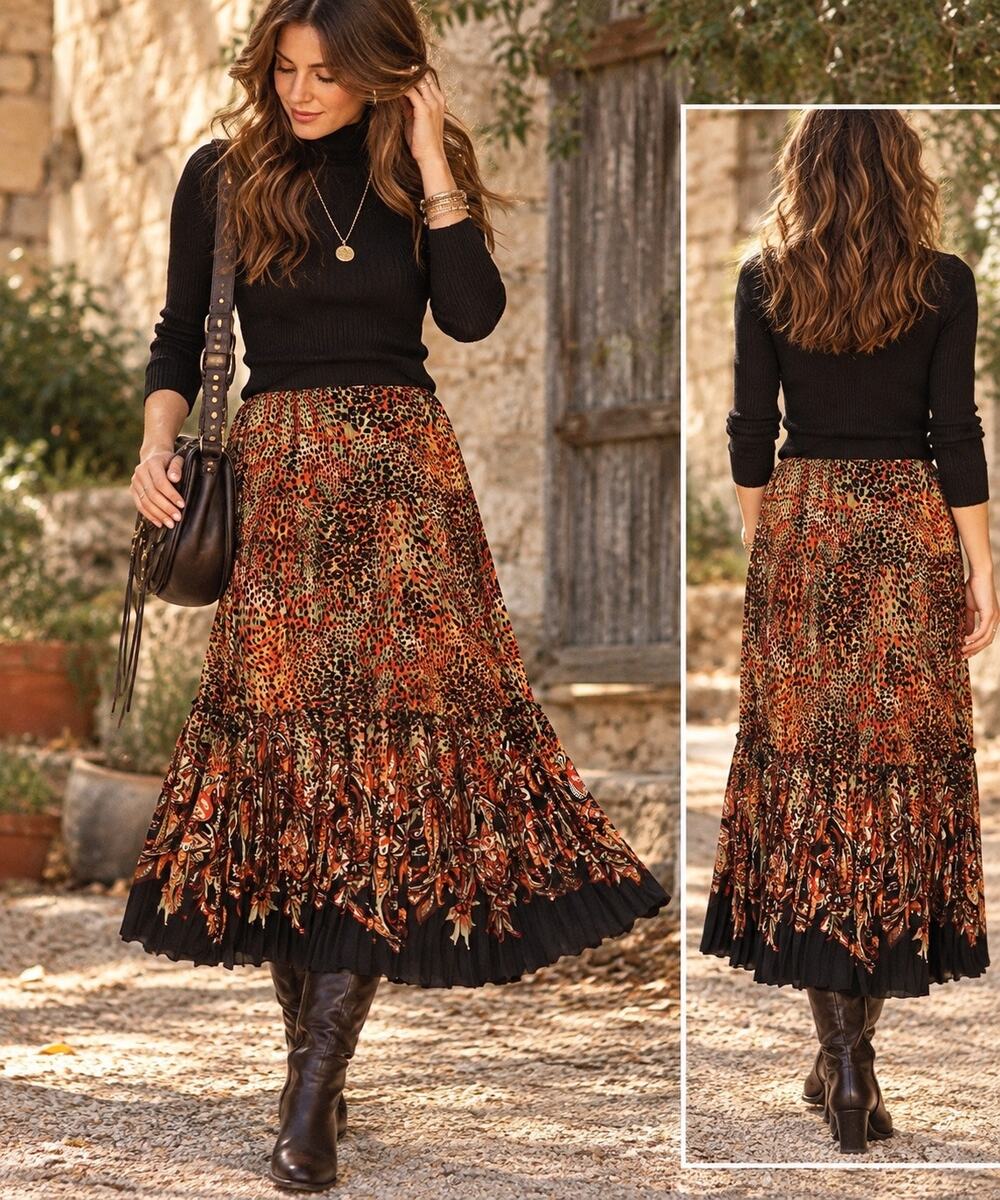 Y2K Boho Leopard Paisley Pleated Midi Skirt Artsy Animal Print MP  Eclectic